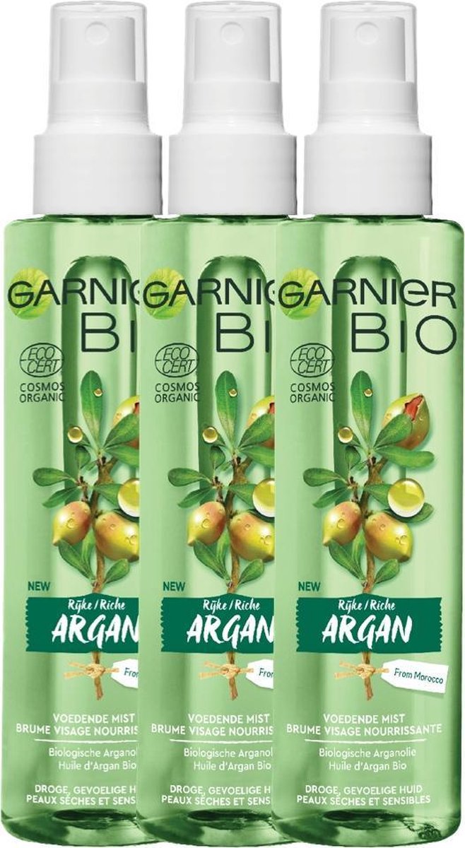 Garnier Skinactive Face Bio Hydraterende Mist met Voedende Argan - 3 x 150 ml - Voor de normale tot gemengde huid - Voordeelverpakking