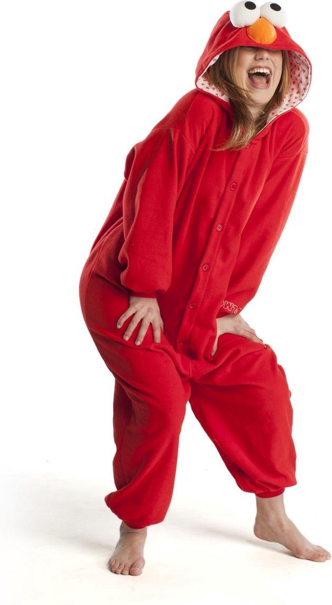 KIMU Onesie Elmo pak kostuum Sesamstraat - maat M-L - rood Elmopak jumpsuit huispak