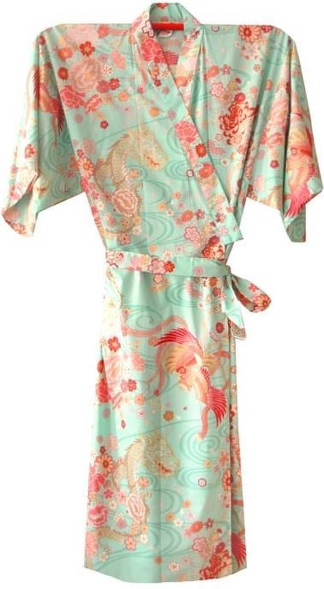 Traditionele Japanse Kimono Yukata Celadon Groen met Draak en Phoenix 100% katoen