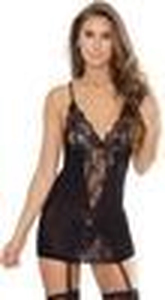 Chemise With G-String/ Stockings - Black