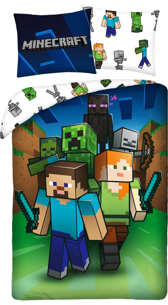 Minecraft Dekbedovertrek 140x200cm 100%Katoen Grote Kussensloop 70x90cm