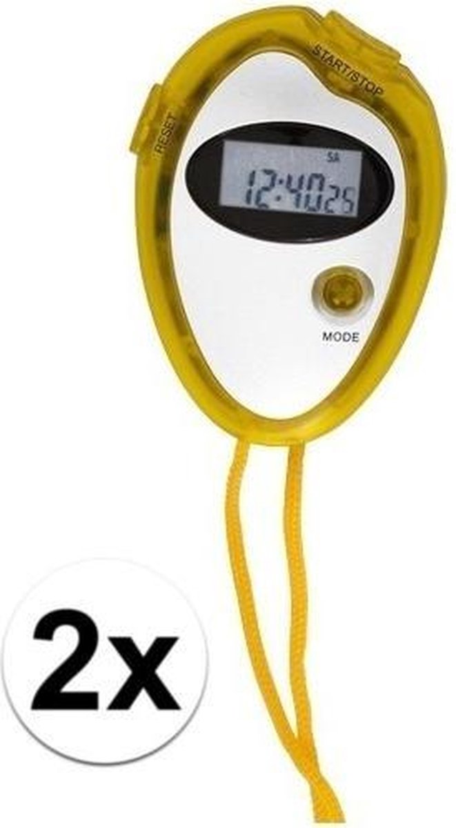 2x Voordelige sport stopwatches geel - Digitale hardloop stopwatch 2 stuks
