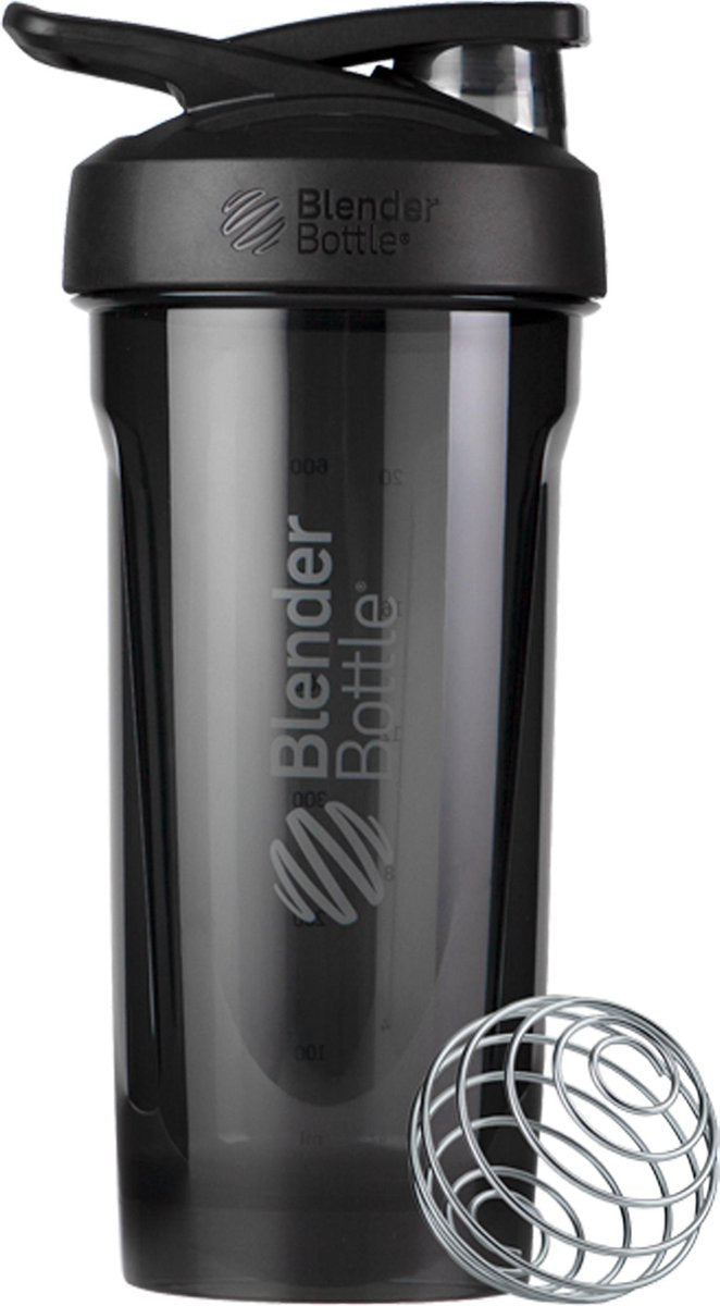 BLENDERBOTTLE | Strada Tritan ZWART. Classic eiwitshaker met ophanglus. 820 ML. Unieke shakebeker van BlenderBottle in zwart. Jouw shake gegarandeerd zonder klonten door BlenderBall van chirurgisch staal en ronde onderkant.