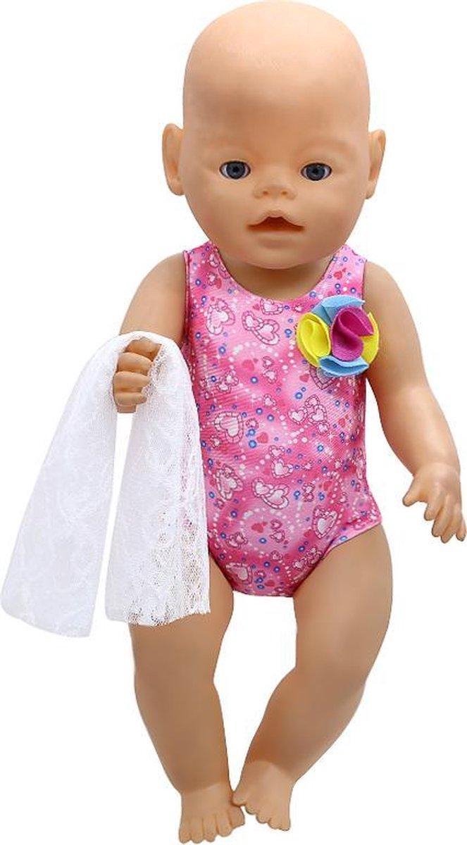 Dolldreams | Badpak geschikt voor o.a. BABY born babypop - Zwemkleding met hartjes + doekje van kant