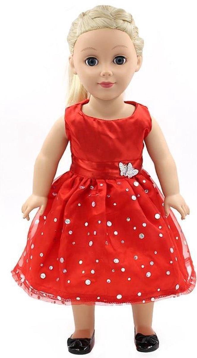 Dolldreams - Poppen kleding - Rood jurkje met vlinders en pailletten - Geschikt voor Baby Born en andere poppen 39 tot 45 cm.