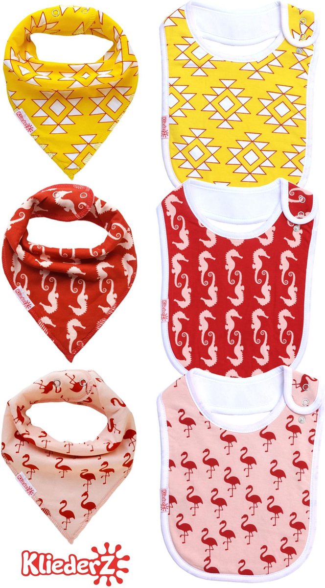 KliederZ® slabbetjes combi set 6 stuks | Bandana kwijl puntslabben +  eetslabben organisch katoen | WATERPROOF fleece laag | baby en peuter slabbers verstelbaar | Hippe puntsjaaltjes flamingo zeepaard roze rood geel meisjes | 4 mnd tot 4 jaar