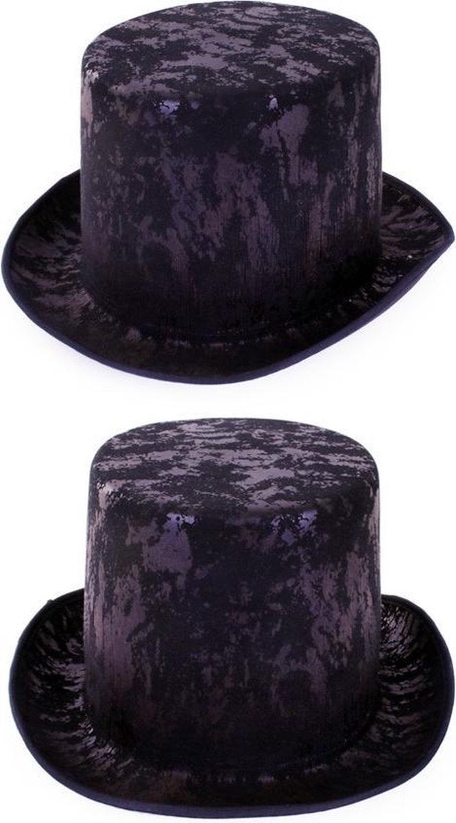 Hoge hoed zwart fluweel steampunk tophat - one size - maat 59 60 61 62 - met elastieken band - grijze heren dames