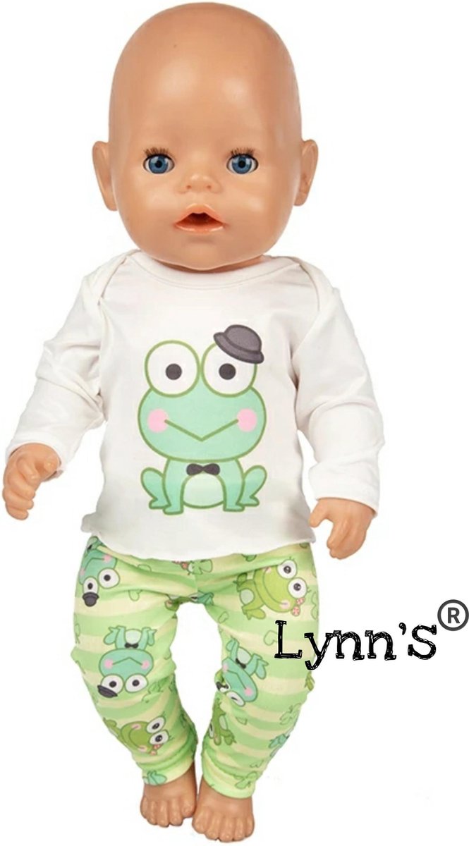 Poppenkleertjes - Geschikt voor Baby Born - Lichtgroene pyjama met Kikkers - Shirtje en broekje