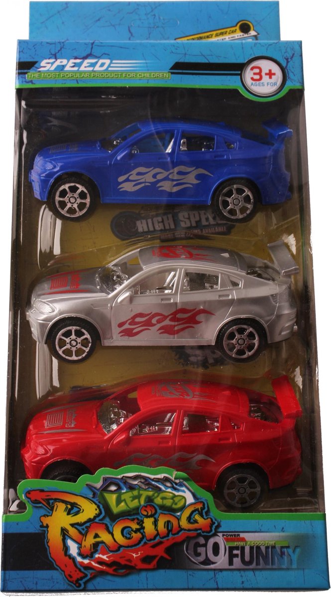 Jonotoys Auto's Racing Jongens 16 Cm Staal Blauw/zilver/rood 3 Stuks