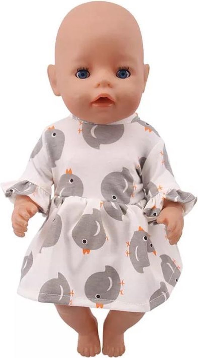 Poppenkleertjes - Geschikt voor Baby Born - Jurkje met lange mouwen - Wit met grijze vogeltjes