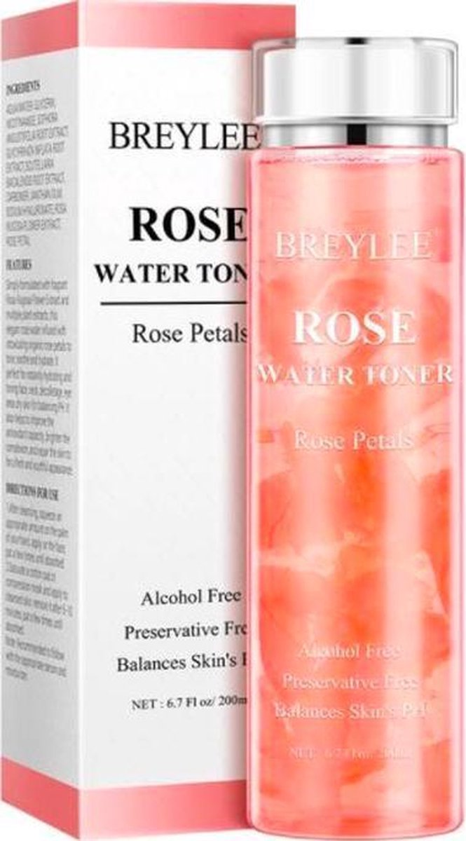 BREYLEE Rozenwatertoner met rozenblaadjes - puur natuurlijk extract - tegen veroudering te verhelderen - frisse en jeugdige huid | 200ML.