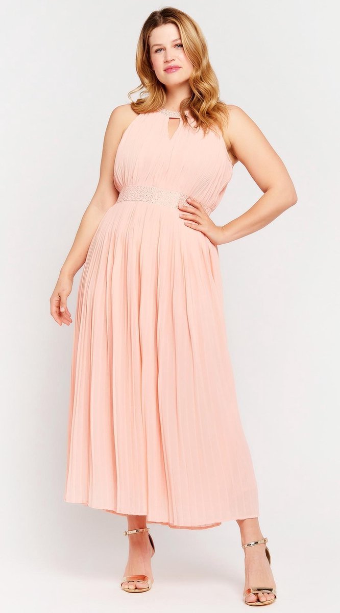 Lange plooi jurk met halternek - Roze