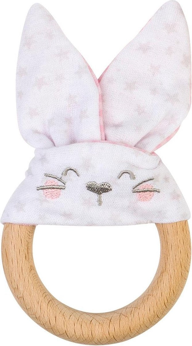 Saro Bijtring Konijn Hout En Katoen Roze 13 Cm