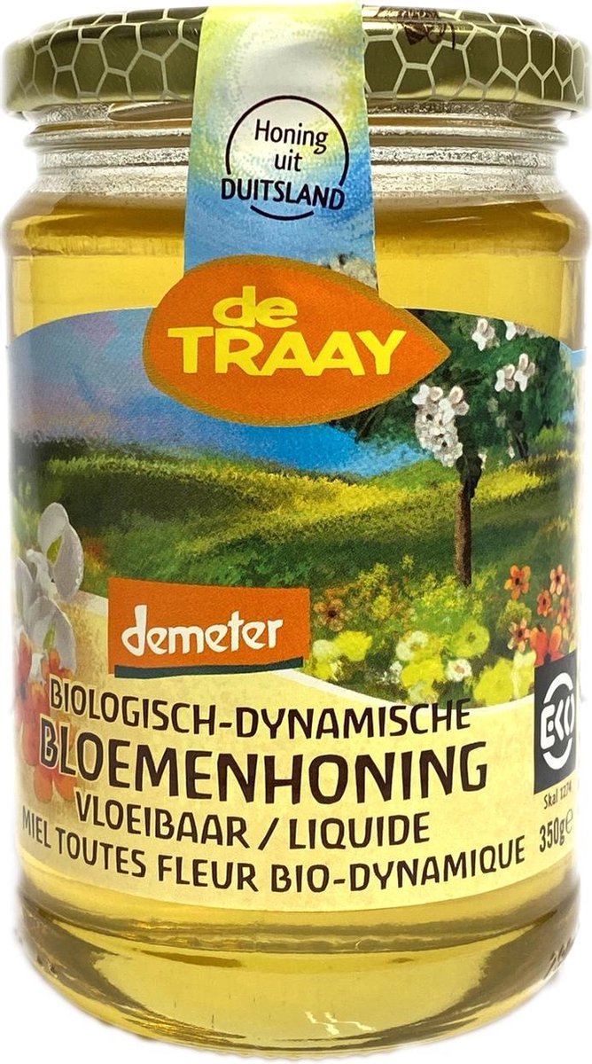 Biologische bloemenhoning (dynamische) demeter vloeibaar 350g de Traay