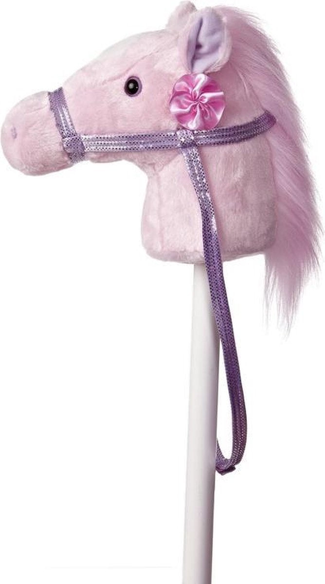 Pluche stokpaardje roze pony met geluid 94 cm