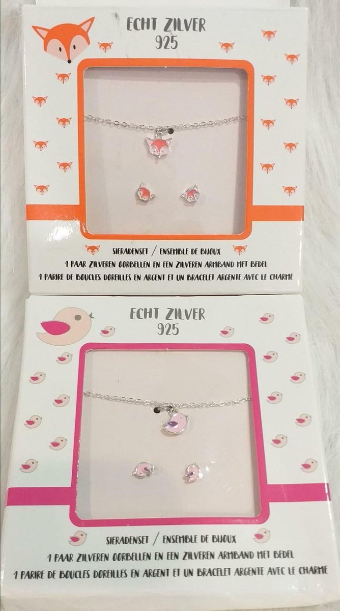 sieradenset vosje en vogeltje 2 paar oorbellen en 2 zilveren armbandjes met bedel