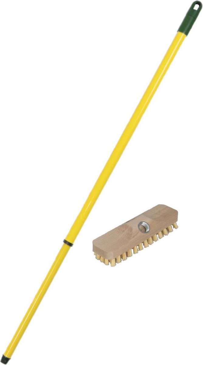 Houten luiwagen schrobborstel/schrobber inclusief metalen telescoopsteel geel 130 cm - Schoonmaakborstels