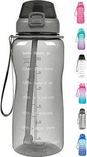 FLOOQ - Waterfles - Bidon - Sportdrankfles - Grote waterfles - Rietje - 2 Liter - Lekvrij - Tijdsmarkering - Motivatie Waterfles - Zwart