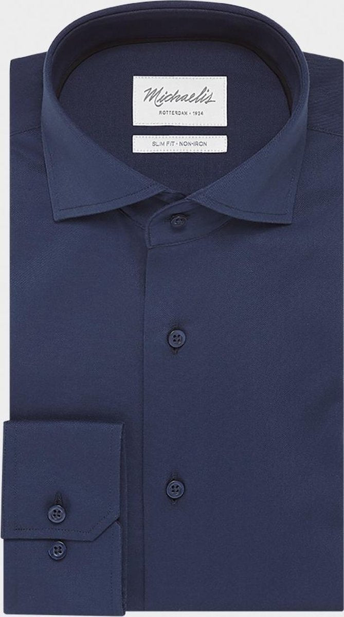 Michaelis Heren Overhemd Navy Twill Cutaway Non Iron Slim Fit - 38