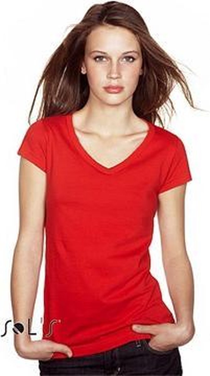 Dames t-shirt  V-hals rood 42 (XL)