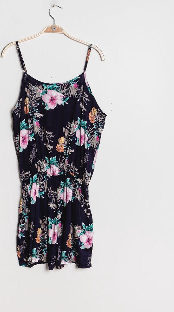 Dames Jumpsuit | playsuit | bloemen-print |spaghettibandjes | Elastiek taille |L-XL | Marine