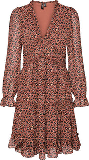 Vero Moda Dames WONDA 7/8 FRILL SHORT DRESS Mocha Bisque jurk - Maat S