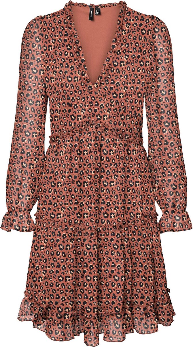 Vero Moda Dames WONDA 7/8 FRILL SHORT DRESS Mocha Bisque jurk - Maat S