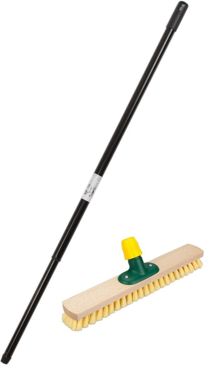 Houten schrobborstel/schrobber geel/groen inclusief metalen telescoopsteel zwart 130 cm - Schoonmaakborstels
