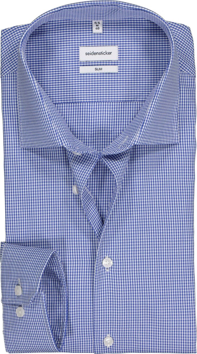 Seidensticker slim fit overhemd - blauw geruit - Strijkvrij - Boordmaat: 40