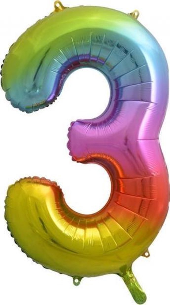 Folie ballon XL cijfer 3  regenboog kleuren is + - 1 meter groot groot inclusief een flamingo sleutelhanger