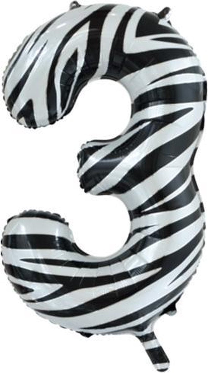 Folie ballon cijfer 3 met zebra print 86 cm