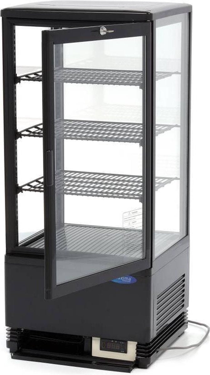 Koelvitrine 78 Liter - Zwart - Dubbel Glas - Deur met Slot - Digitale Temperatuur Control - Incl. 3 Roosters - Gekoelde Horeca Vitrine - Maxima