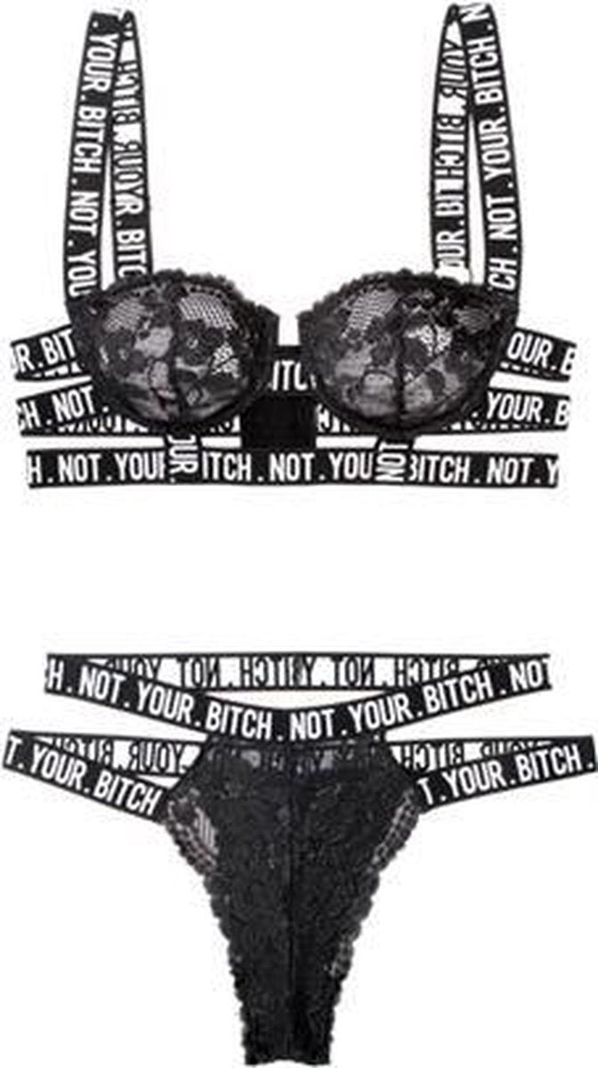 Kanten BH-Set Not Your Bitch - Dames Lingerie - L/XL - BH-Sets - Zwart - Discreet verpakt en bezorgd