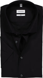 Seidensticker Slim Fit overhemd korte mouw - zwart Fil e Fil - boordmaat 43