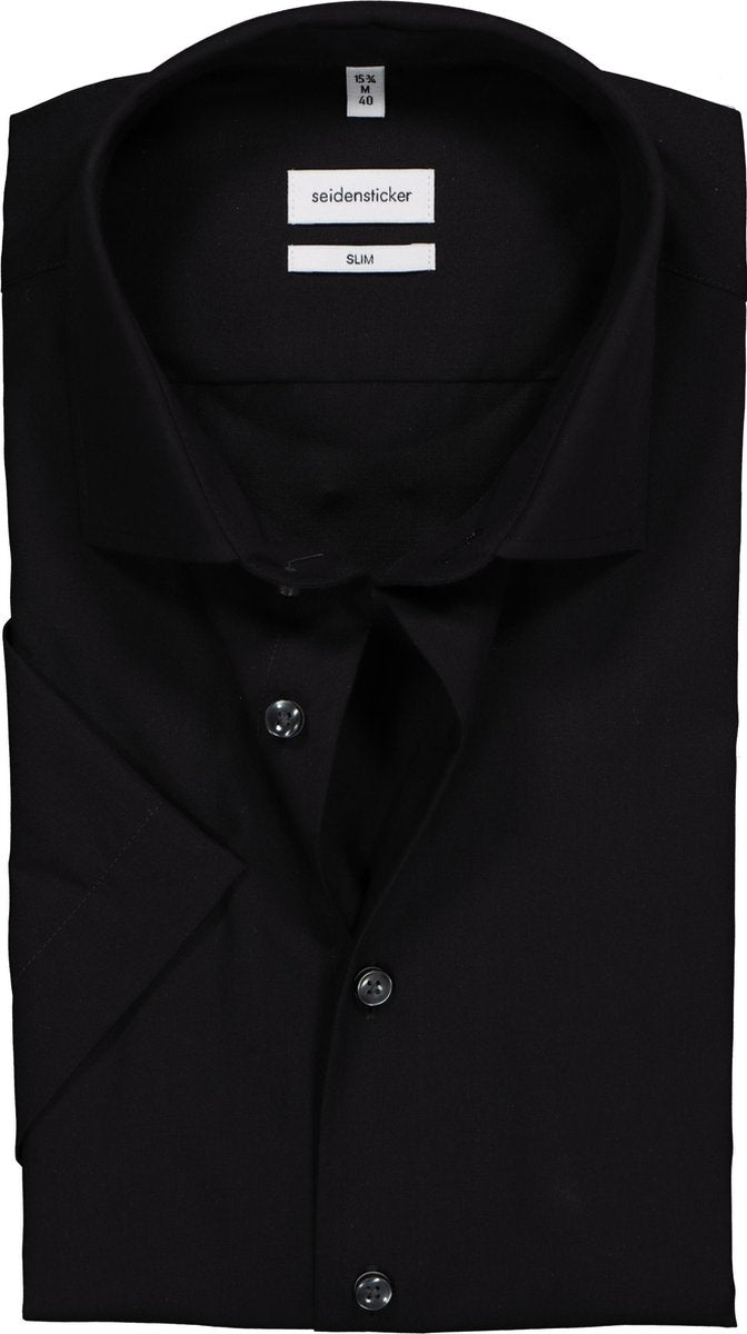 Seidensticker Slim Fit overhemd korte mouw - zwart Fil e Fil - boordmaat 43