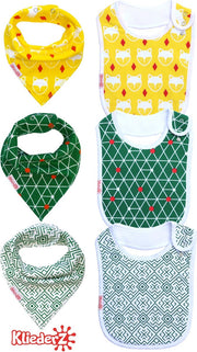 KliederZ® slabbetjes combi set 6 stuks | Bandana kwijl puntslabben +  eetslabben ORGANISCH katoen | WATERPROOF fleece laag | Baby en peuter slabbers verstelbaar | Hippe puntsjaaltjes met vosjes en leuke motieven jongens | 4 mnd tot 4 jaar