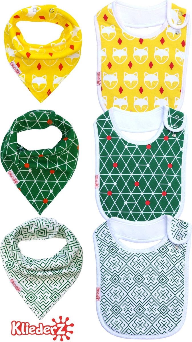 KliederZ® slabbetjes combi set 6 stuks | Bandana kwijl puntslabben +  eetslabben ORGANISCH katoen | WATERPROOF fleece laag | Baby en peuter slabbers verstelbaar | Hippe puntsjaaltjes met vosjes en leuke motieven jongens | 4 mnd tot 4 jaar