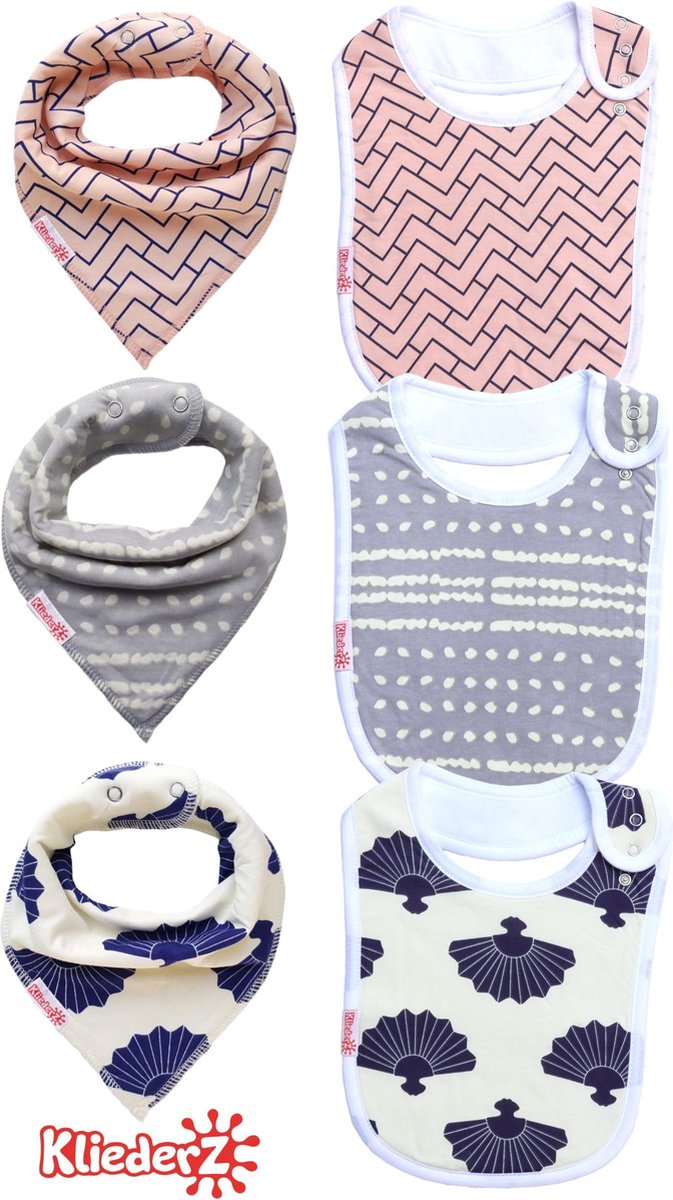KliederZ® slabbetjes combi set 6 stuks | Bandana kwijl puntslabben +  eetslabben ORGANISCH katoen | Waterproof fleece laag | Baby en peuter slabbers verstelbaar | Hippe puntsjaaltjes met leuke motieven meisjes | 4 mnd tot 4 jaar