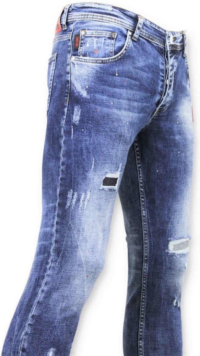 TRUE RISE Skinny Jeans Heren - Paint Drops Broek - A35C - Blauw - Maten: 38