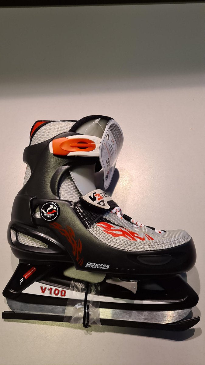 V3tec ijshockeyschaats verstelbaar 29/32 zwart/grijs met rode vlammen