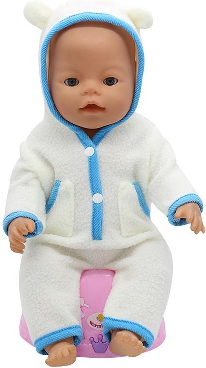 Wit/blauw zachte jongens pyjama/onesie met cappuchon met oortjes - poppenkleertjes voor pop 40-45 cm zoals Baby Born