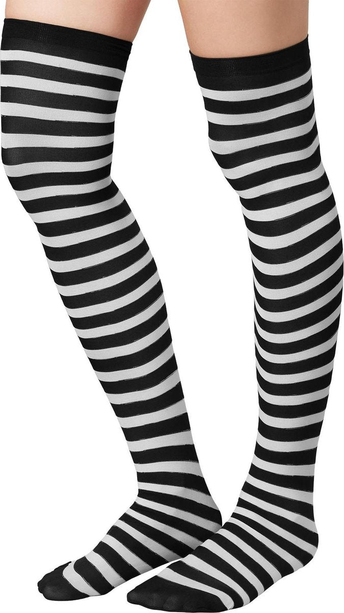 dressforfun - Gestreepte overknee-kousen zwart-wit   - verkleedkleding kostuum halloween verkleden feestkleding carnavalskleding carnaval feestkledij partykleding - 303444