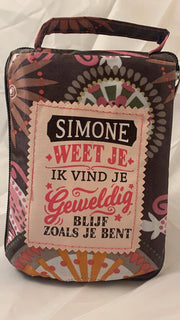 Shopper bag dames met leuke tekst SIMONE WEET JE IK VIND JE GEWELDIG BLIJF ZOALS JE BENT winkeltasje Wordt geleverd in cellofaan met linten