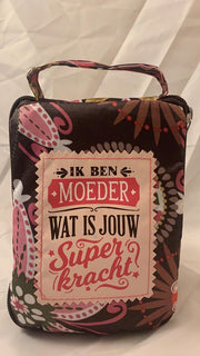 Shopper bag dames met leuke tekst IK BEN MOEDER WAT IS JOUW SUPERKRACHT? winkeltasje Wordt geleverd in cellofaan met linten