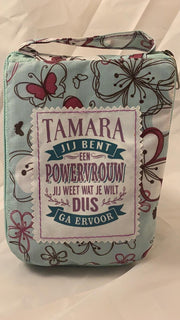 Shopper bag dames met leuke tekst TAMARA JIJ BENT EEN POWERVROUW JIJ WEET WAT JE WILT DUS GA ERVOOR winkeltasje Wordt geleverd in cellofaan met linten