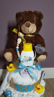 Luiertaart 3 Laags Met Beer/speenkoord Blauw | Kraamcadeau | Kraampakket | Baby Cadeau