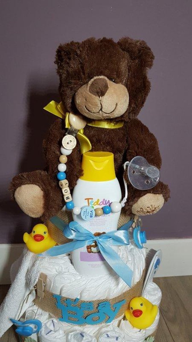 Luiertaart 3 Laags Met Beer/speenkoord Blauw | Kraamcadeau | Kraampakket | Baby Cadeau