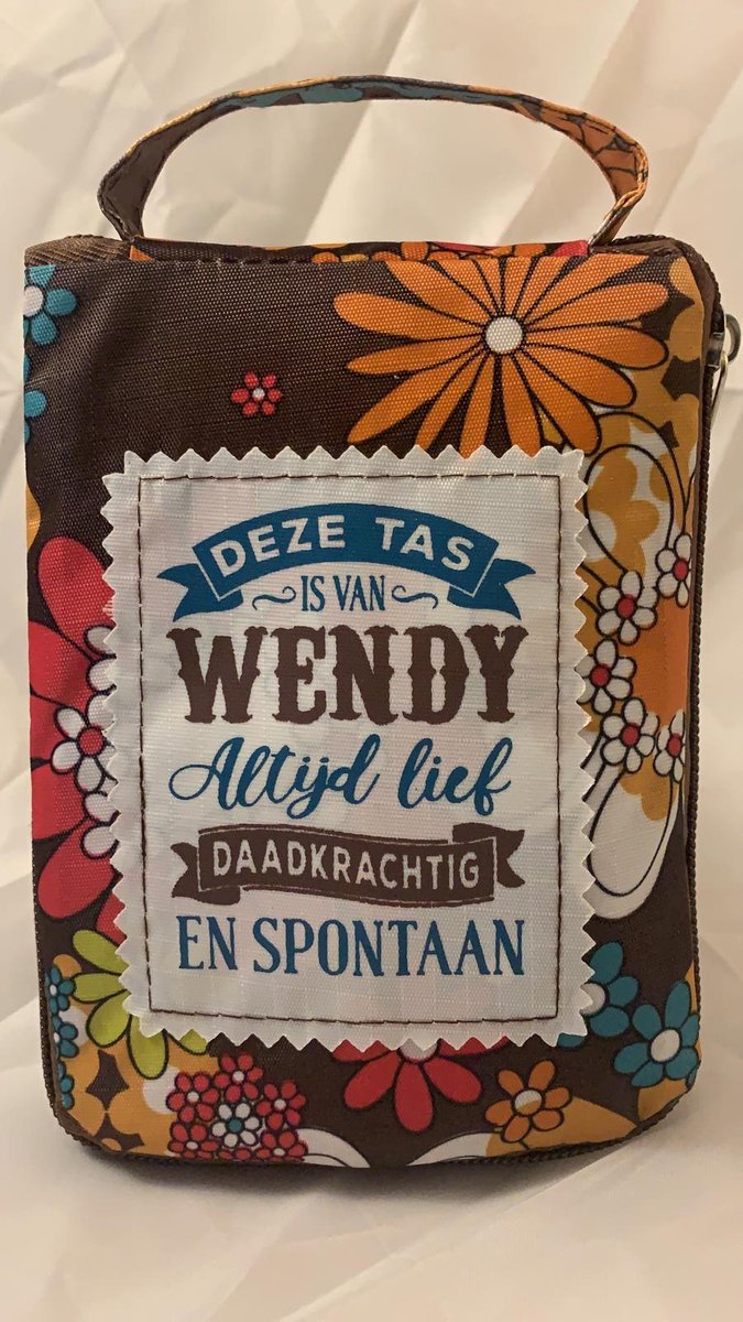 Shopper bag dames met leuke tekst DEZE TAS IS VAN WENDY ALTIJD LIEF DAADKRACHTIG EN SPONTAAN winkeltasje Wordt geleverd in cellofaan met linten
