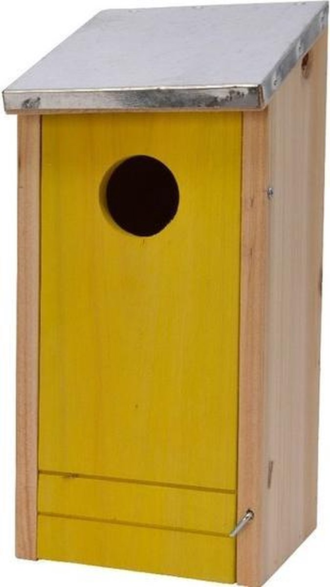 Houten vogelhuisje/nestkastje met gele voorzijde en metalen dakje 26 cm - Vogelhuisjes tuindecoraties