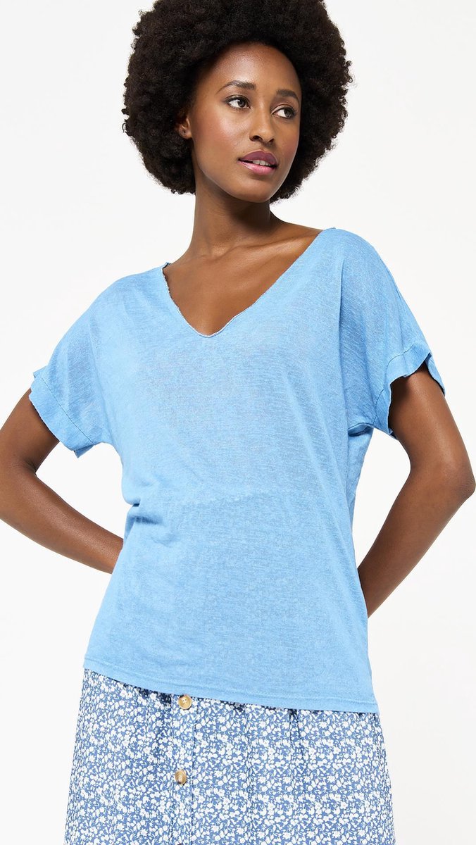 Wijd t-shirt met linnen look - Marine Blauw